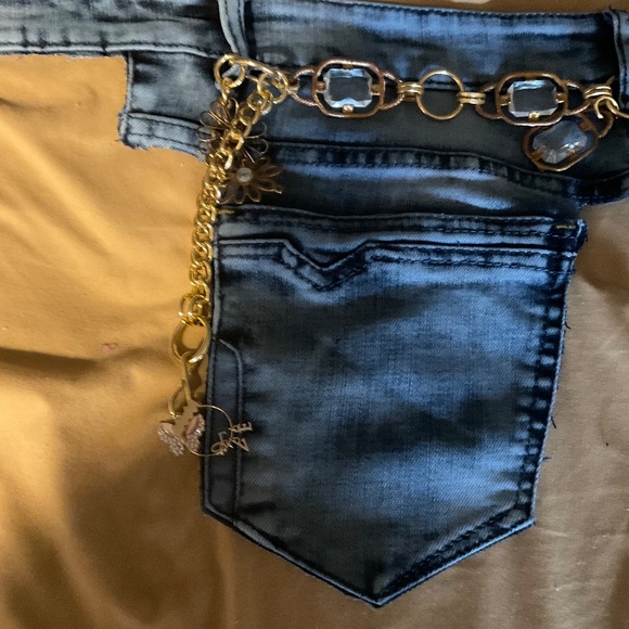 37” Hand made unilateral denim pocket belt with embellishments. - Picture 2 of 3